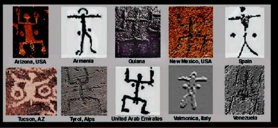 Petroglifos encontrados por todo el mundo, con un patrón común, el llamado en inglés "stickman" (hombrecillo dibujado a trazos sencillos)